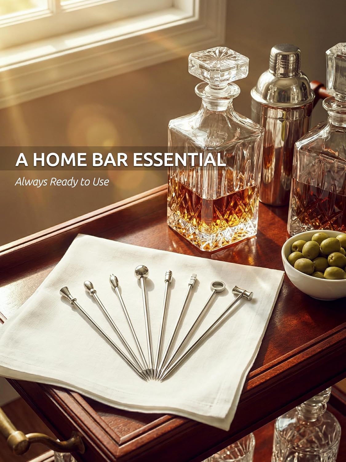 DEMIGO Cocktail Picks, 8 New Styles Stainless Steel Reusable Olive Stuffers Martini Picks set Fruit Toothpicks Garnish Skewers Appetizer Drink Stick for Bar party, Barbeque Snacks, Club sandwiches