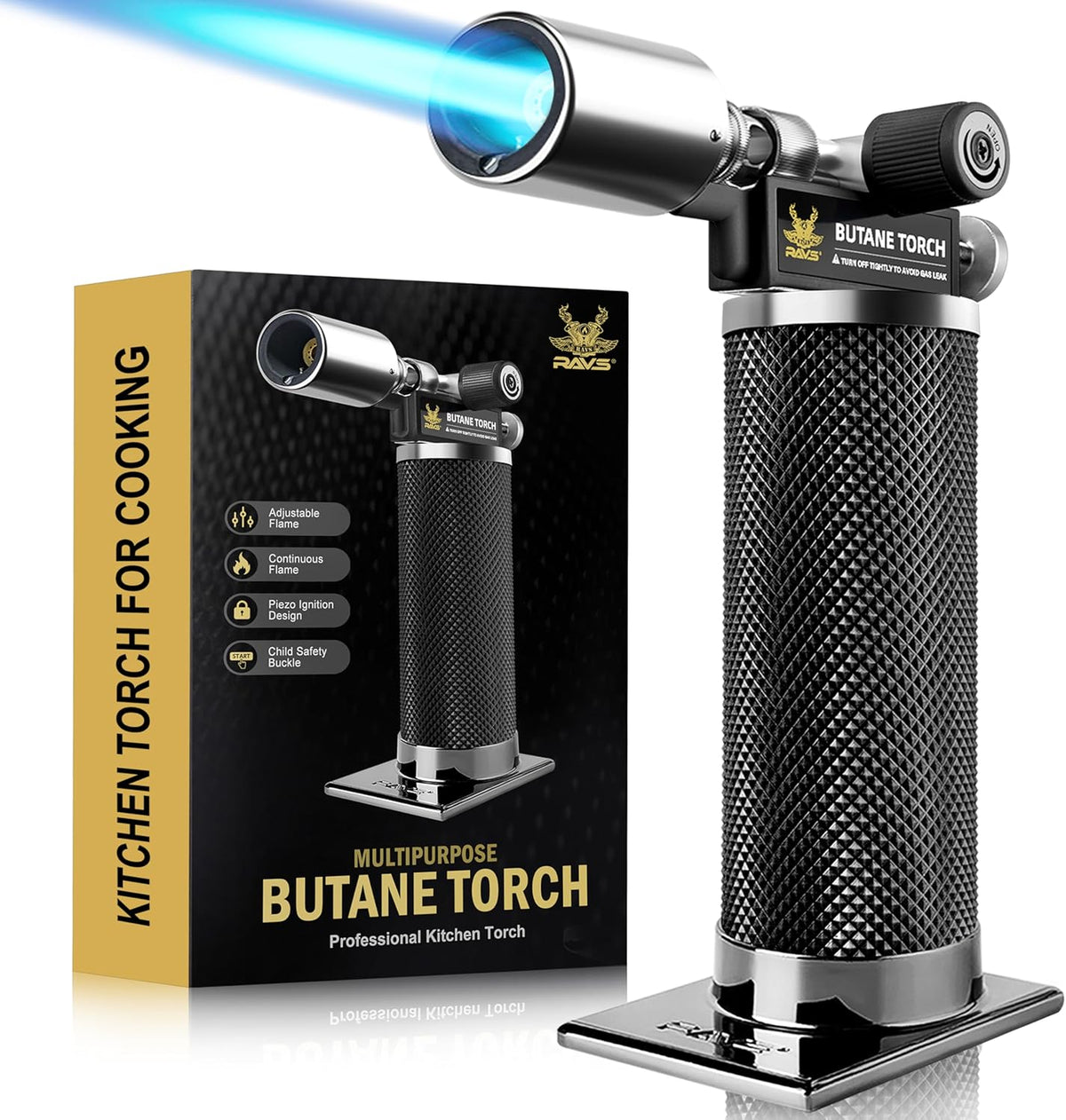 RAVS Butane Torch Lighter, Premium Metal Kitchen Torch, Black - Yellow
