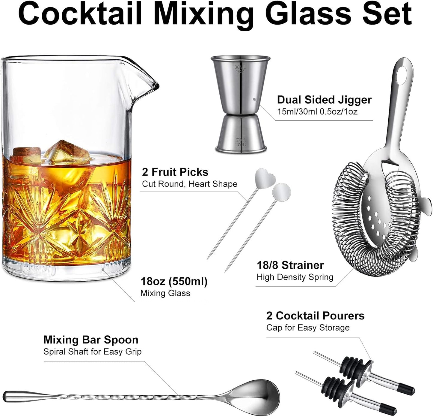 Cocktail Mixing Glass, veecom 18oz Crystal Mixing Glass Bartender Kit, 8 Piece Old Fashioned Cocktail Set with Strainer, Spoon, Jigger, Picks, Pourers, Bar Tools Cocktail Shaker Set (8 Pieces)