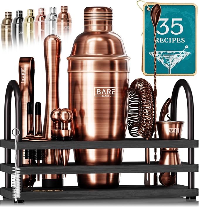 BARE BARREL® Mixology Bartender Kit Bar Set | 14-Piece Cocktail Shaker Set | Martini Barware Mixing Tools for Home Bartending | 35 Recipe Cards | Gift Set (24oz Cobbler Shaker, Gold/Black) - Copper/Black