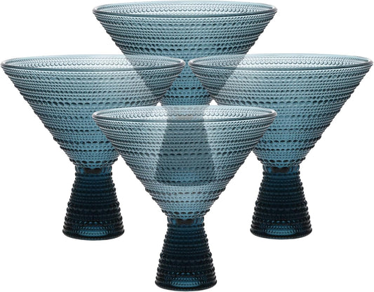 Fortessa Jupiter Beaded Hobnail Glass, 11.5 Ounce Martini (Set of 4), Cornflower Blue