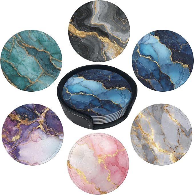 Musical Coasters Leather Round Drink Coasters 6 Pcs Set with Holderor for Cup Drink Coffee Table Bar Home Decor - Marble