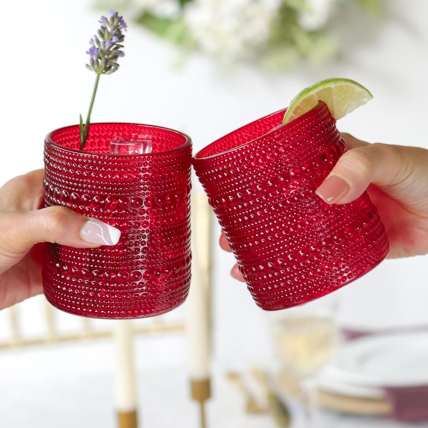 Kate Aspen Retro Arch Floral Red Drinking Glasses Set of 6, 10 oz Vintage Ribbed Glass Cups, Christmas Glassware & Holiday Drinkware, Valentine’s Day & Holiday Hostess Gift