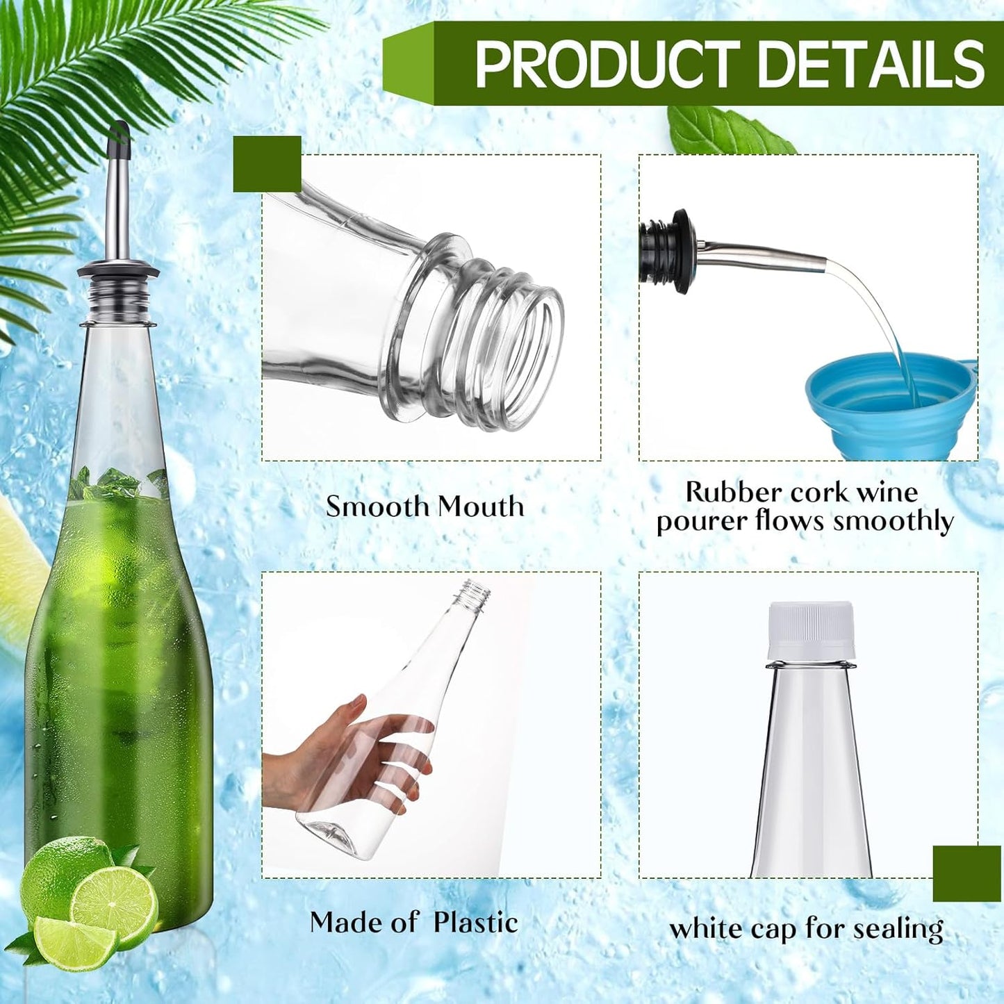 Dandat 6 Set 25 oz Plastic Long Neck Bottles with Pourer and Caps Plastic Juice Pour Bottles with Stainless Steel Bottle Pourer Tapered Spout for Liquor Juice Store