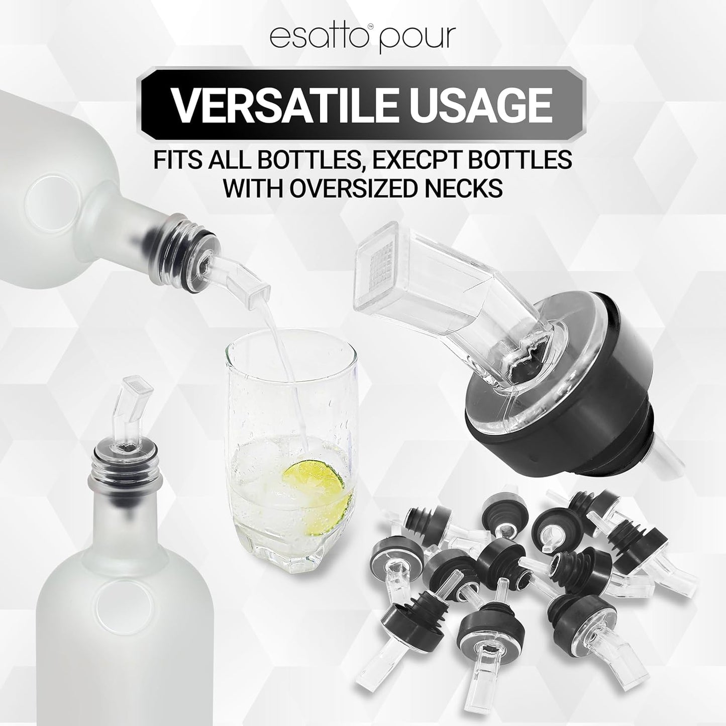 Esatto Pourer with Screen - Premium Quality Liquor Dispenser Pour Spouts with Built-in Filter for Smooth Pouring - Pour Spouts Ideal for Bartenders, Home Bars, and Parties (12 Pack)