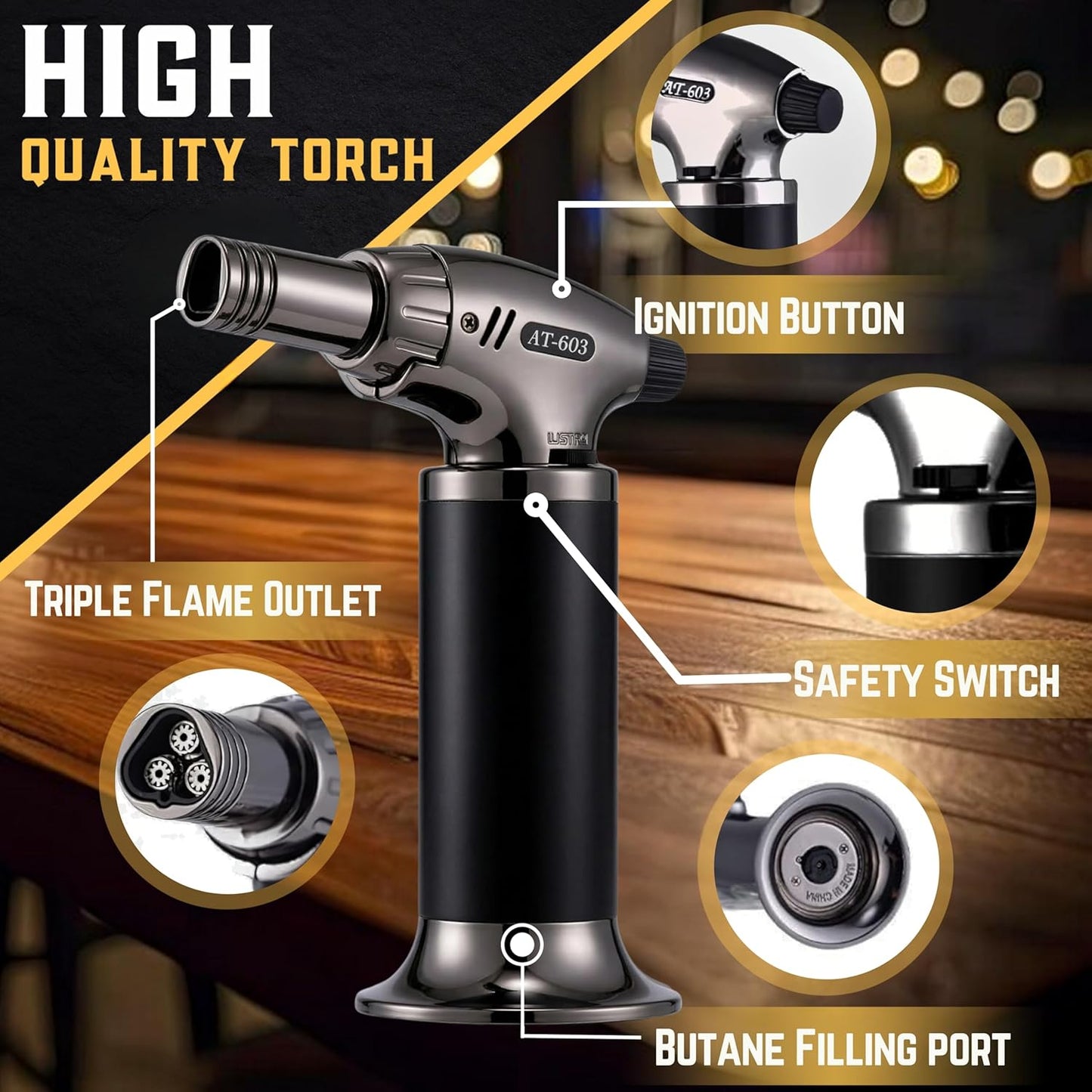 Whiskey Smoker Kit with 3-Flame Torch - 6 Wood Chips & Gift Box for Smoking Drinks| Cocktail Smoker Kit| Bourbon Smoker Kit| Old Fashioned Smoker Kit | Whiskey Gift for Men (No Butane Incl.)