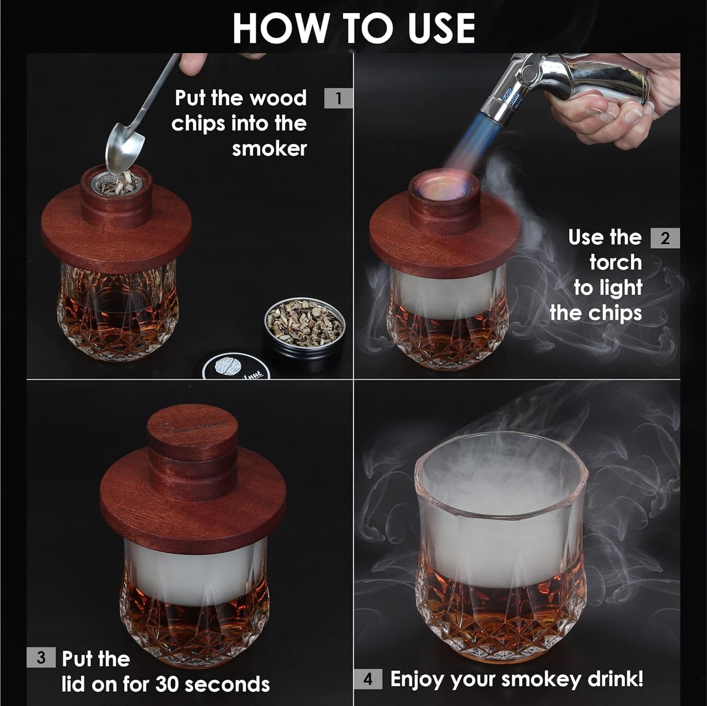 SMOKEOLOGIST Whiskey, Cocktail, and Old Fashioned Smoker Kit with Torch – includes 8 Unique Natural Wood Flavors, Luxury Wooden Box Gift Packaging, Premium Butane Torch (butane fuel not included)