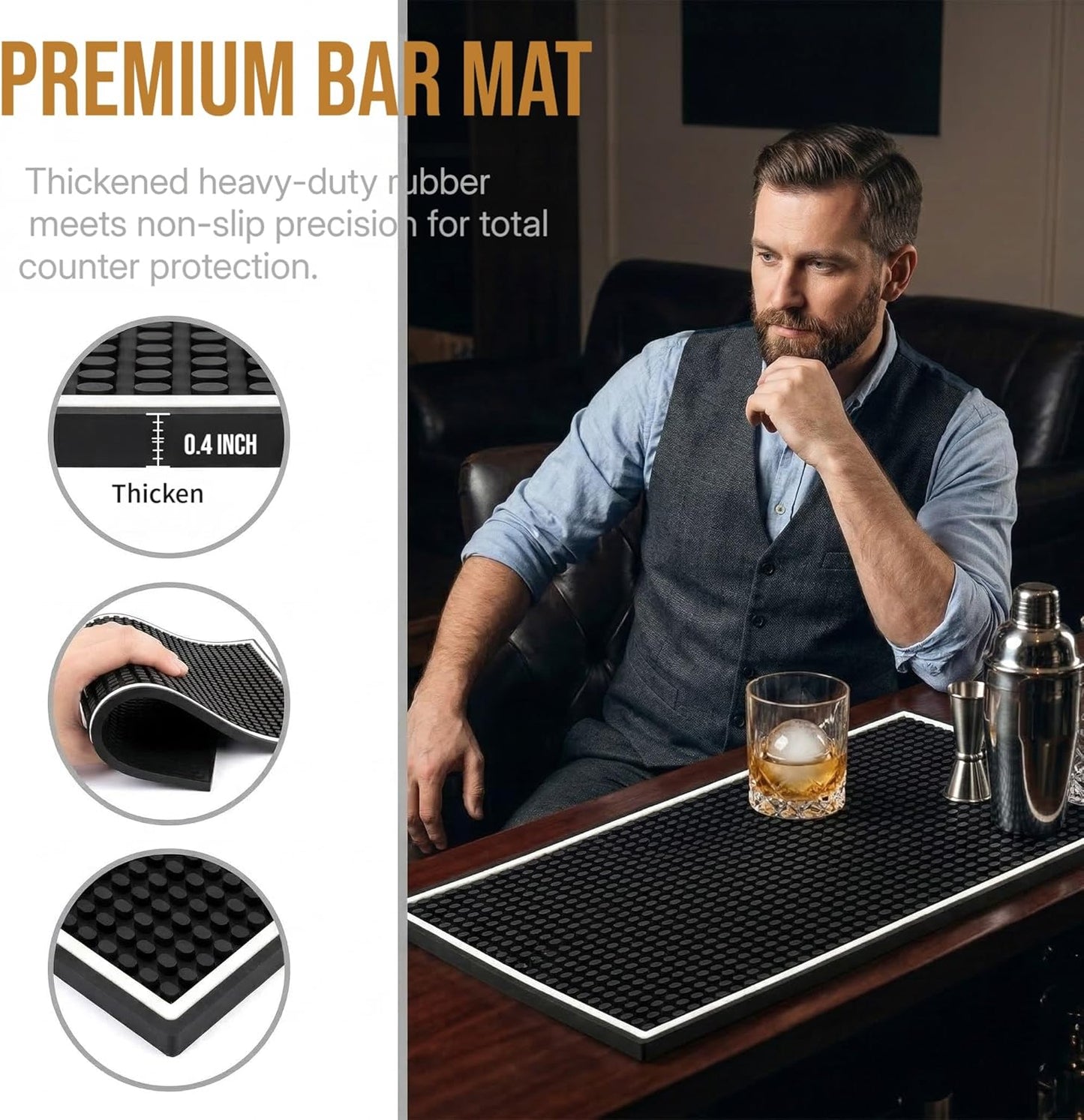 Jucoan 3 Pack Rubber Bar Mat for Countertop 18 x 12 Inch, 0.4 Inch Thicken Rubber Bar Service Mat, Non Slip Cocktail Drink Spill Mats for Bartender Bar Home, Dish Drying Mat for Kitchen