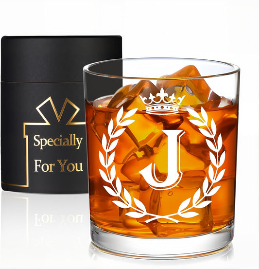 Personalized Whiskey Glasses Gifts for Men, Letter J Initial Whiskey Glass, Christmas Birthday Gifts for Men Husband Brother Dad, 10 OZ Old Fashioned Glass with Gift Box(Letter J)