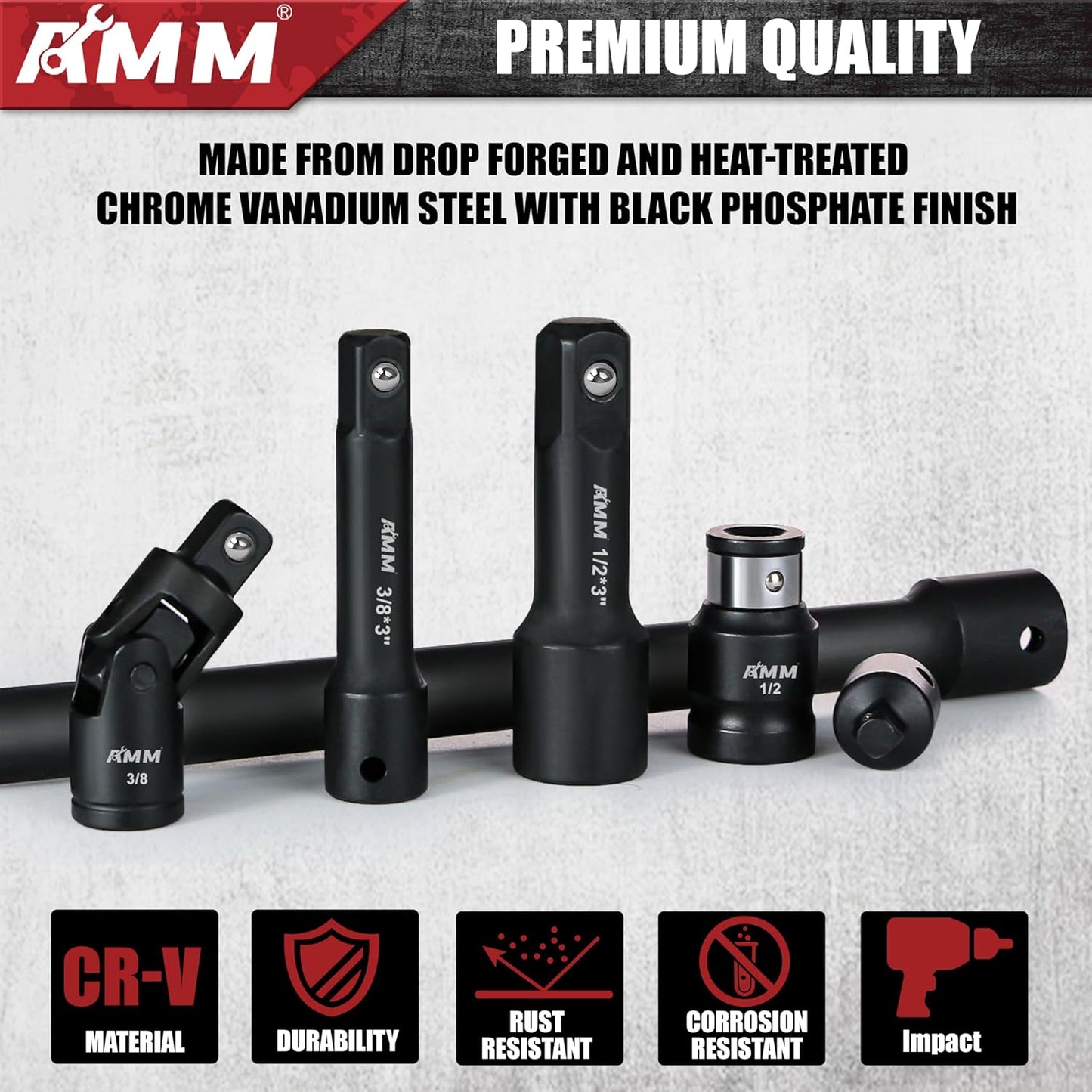 AMM Impact Socket Extension Set Tools, 1/4", 3/8", 1/2" Drive Socket Adapter, Extension Bar, Impact Univeral Joint, Impact Coupler with Cr-V Steel for Power Drill & Impact Driver, 18 Pieces