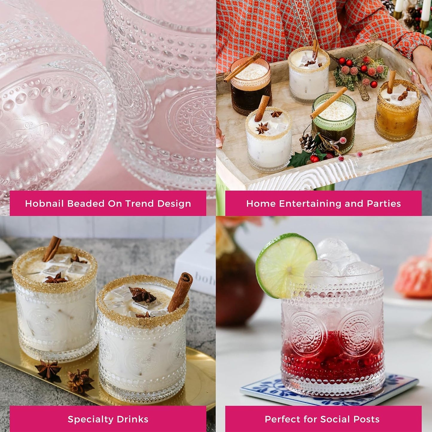 Hobnail Beaded Floral Clear Drinking Glasses Set of 6, (10 oz) Vintage Glassware Set by Kate Aspen| Cocktail Glass Set, Juice Glass, Water Cups | Great Hostess Gift & Gift for New Home Owners