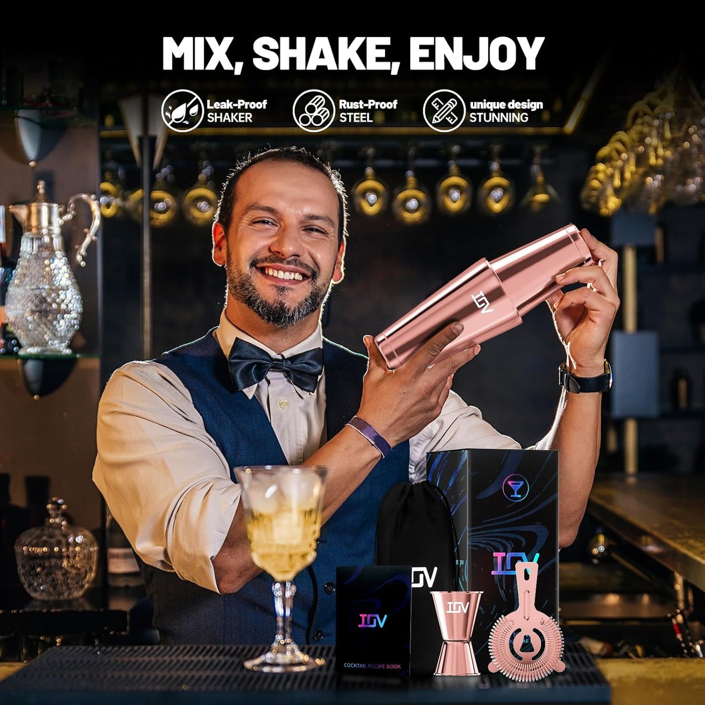 IOV Boston Cocktail Shaker Bar Set, Bartender Kit Drink Mixer Set with 18 oz & 28 oz Boston Shakers, Hawthorne Strainer, Double Jigger, Bar Tool Kit and Recipe Booklet - Rose Gold