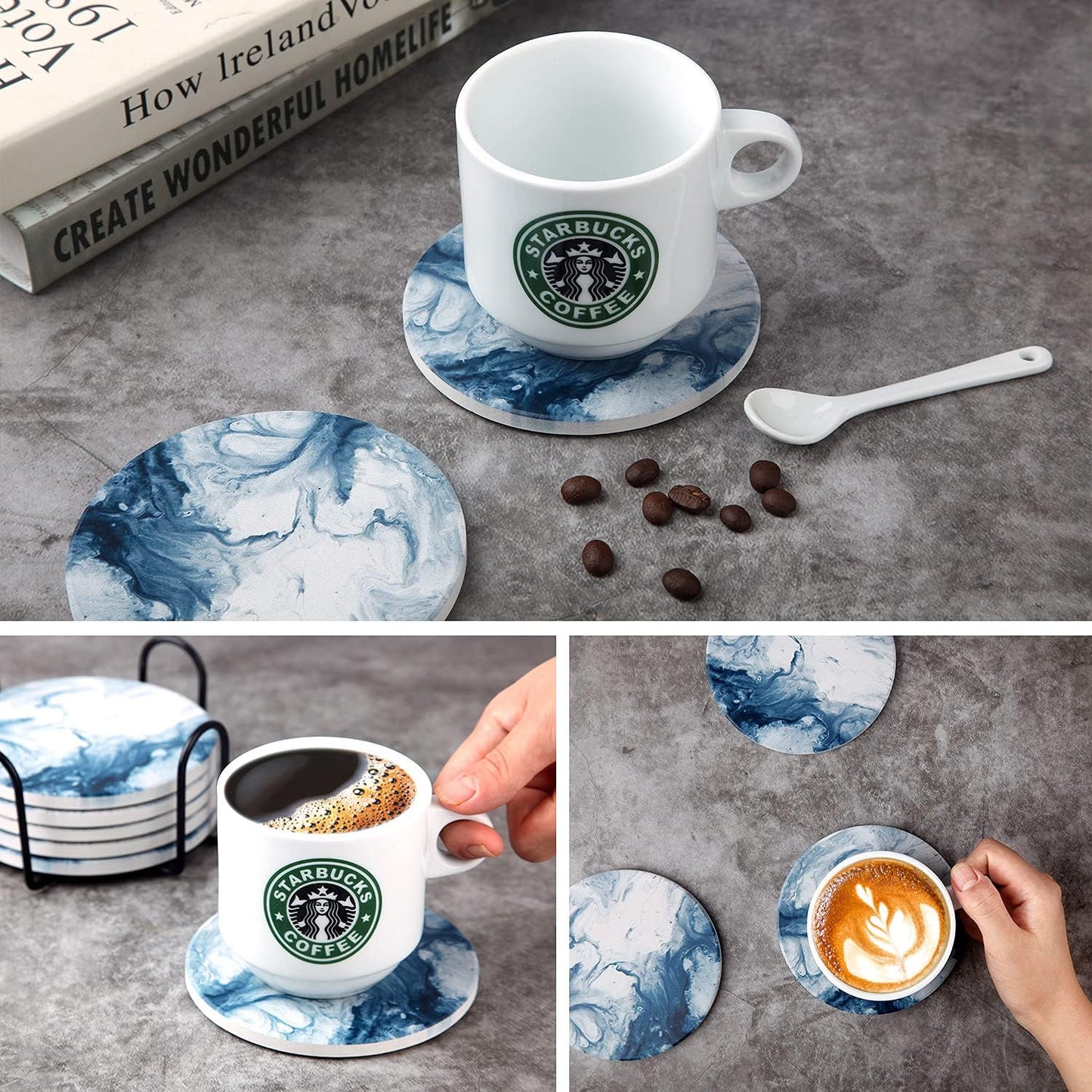 Blue Coasters for Drinks Marble Style,Absorbent Ceramic Coaster with Metal Holder Stand,House Warming Gifts Decor Set of 6 with Cork Base for Wooden Table