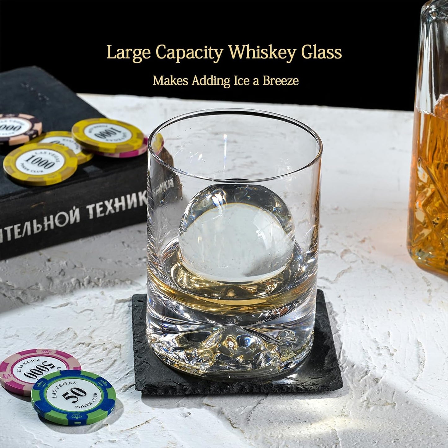 Hand Blown Crystal Whiskey Glasses Set of 2,12 oz Old Fashioned Cocktail Glasses,Lowball Rocks Glass,Unique Hexagonal Base for Bourbon,Scotch and Juice,Perfect for Oversized Ice Cubes