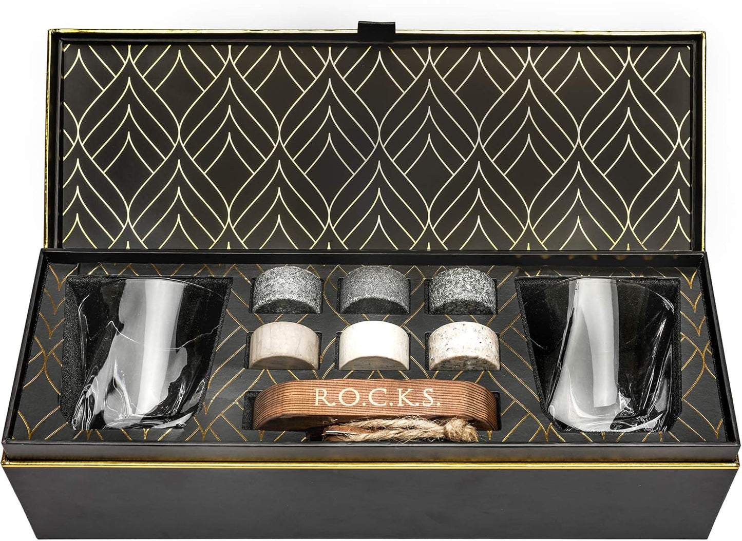 Whiskey Chilling Stones Gift Set - 6 Handcrafted Premium Granite Round Sipping Rocks - 2 Crystal Superior Glasses - Hardwood Presentation & Storage Tray - Elegant Gold Foil Gift Box by R.O.C.K.S.