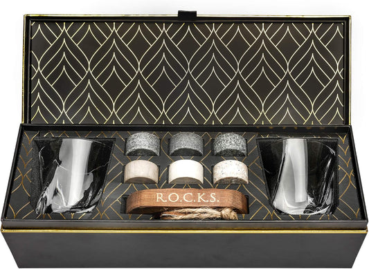 Whiskey Chilling Stones Gift Set - 6 Handcrafted Premium Granite Round Sipping Rocks - 2 Crystal Superior Glasses - Hardwood Presentation & Storage Tray - Elegant Gold Foil Gift Box by R.O.C.K.S.