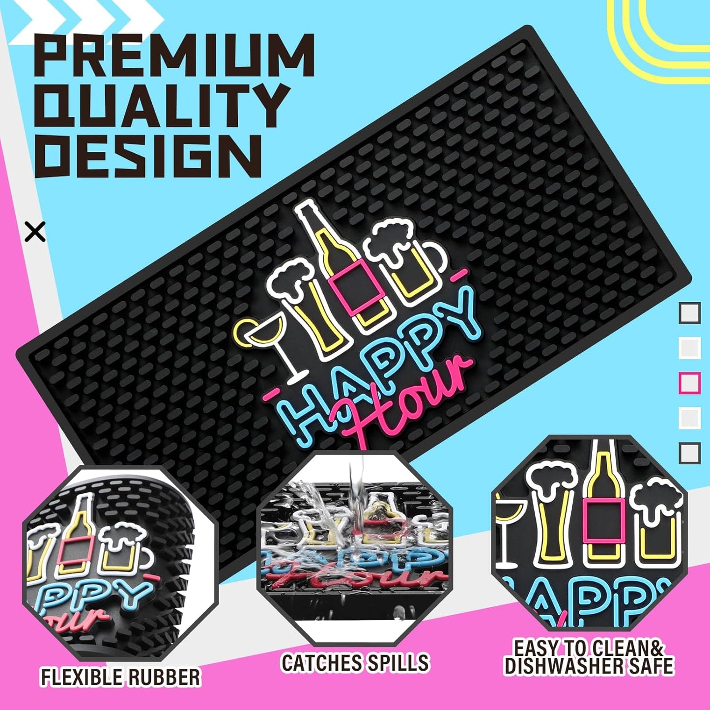 Preboun Bar Mat for Countertop with Fluorescent Pattern Thick Rubber Non Slip Black Bar Spill Mats for Coffee Kitchen Restaurants Entertaining Home Service(1 Pcs,12 x 6 Inch)