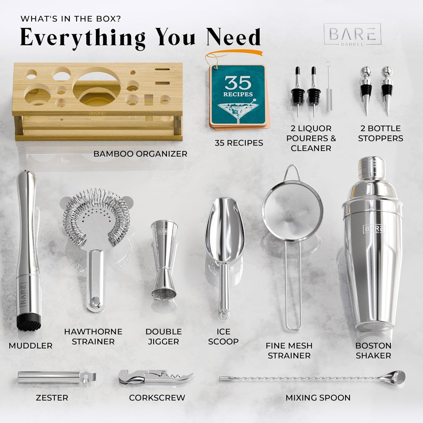 BARE BARREL® Mixology Bartender Kit Bar Set | 16-Piece Cocktail Shaker Set | Martini Barware Mixing Tools for Home Bartending | Incl. 35 Recipe Cards | Gift Set (24oz Cobbler Shaker, Silver/Natural)