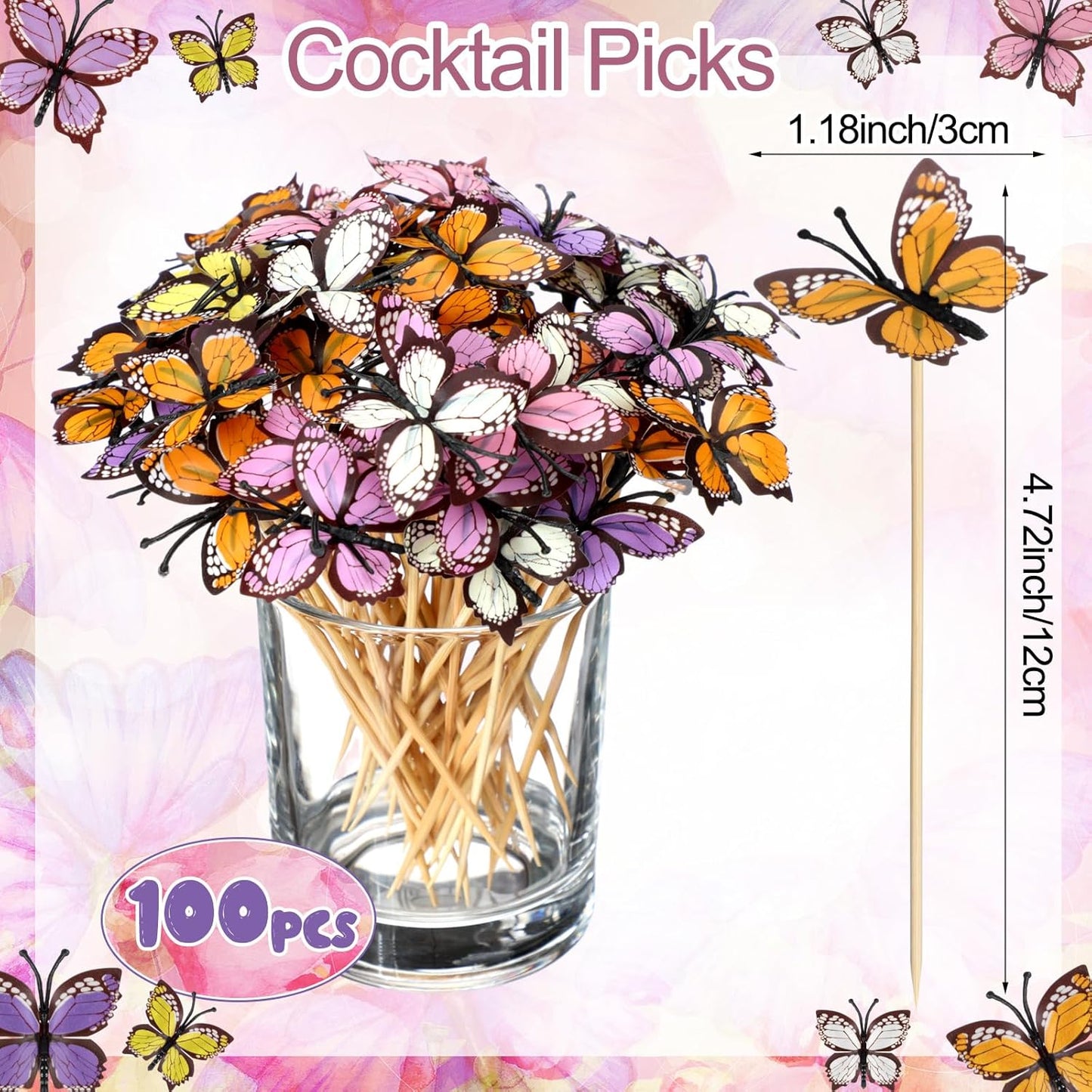 CHENGU 100 Pcs Fancy Toothpicks, 4.7 Inch Cocktail Picks Fancy Sticks for Appetizers, Handmade Bamboo Appetizer Fruit Skewers Food Picks for Wedding Valentines Holiday Decoration(Butterfly)