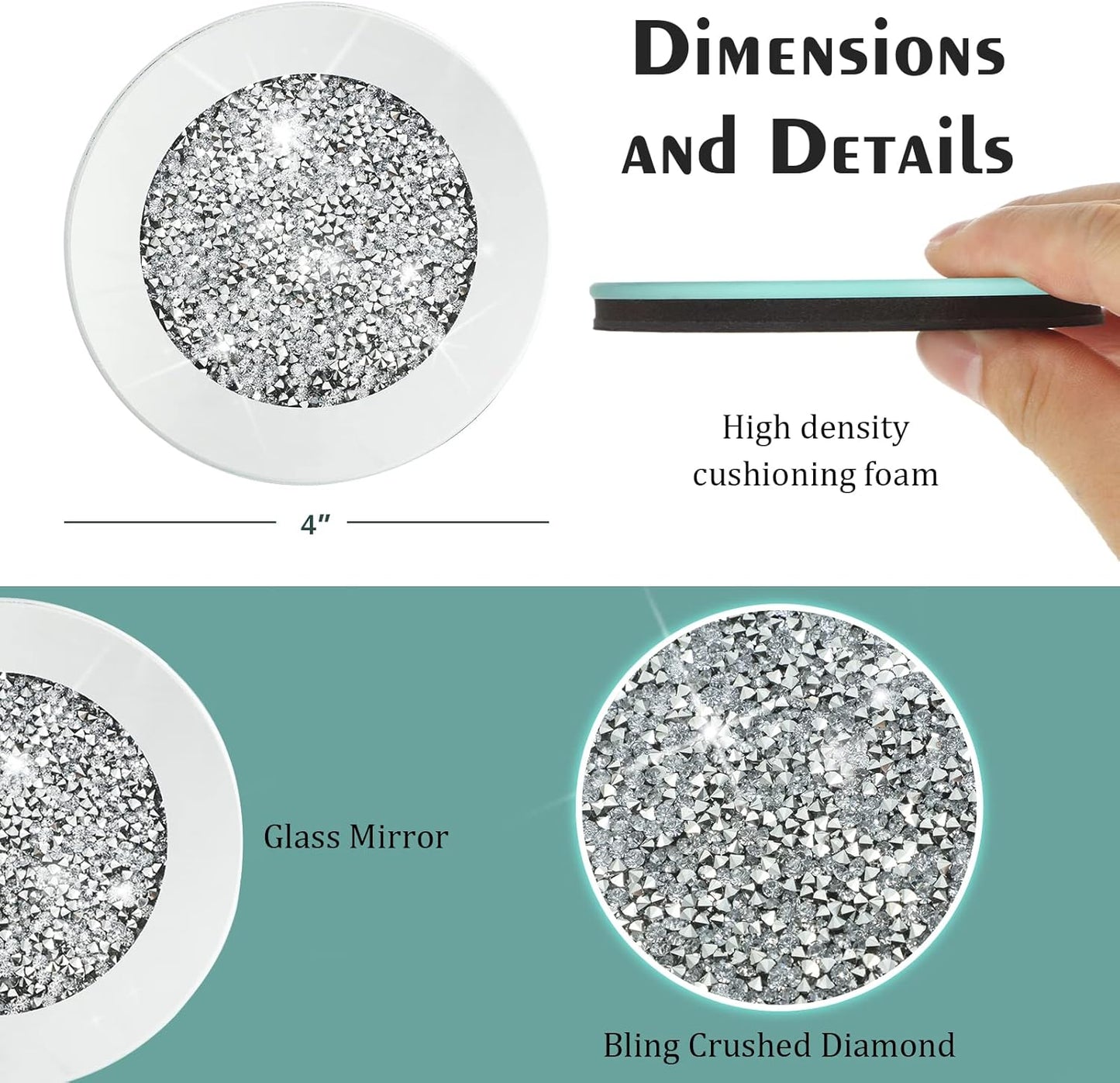 Jetec Mirrored Glass Coaster Set of 6 with 1 Holder 4" Crushed Diamond Round Cup Mat Glitter Crystal Rhinestone Glass Coaster Bling Table Decor for Bar Kitchen Gift for Christmas(Silver,4 Inch)