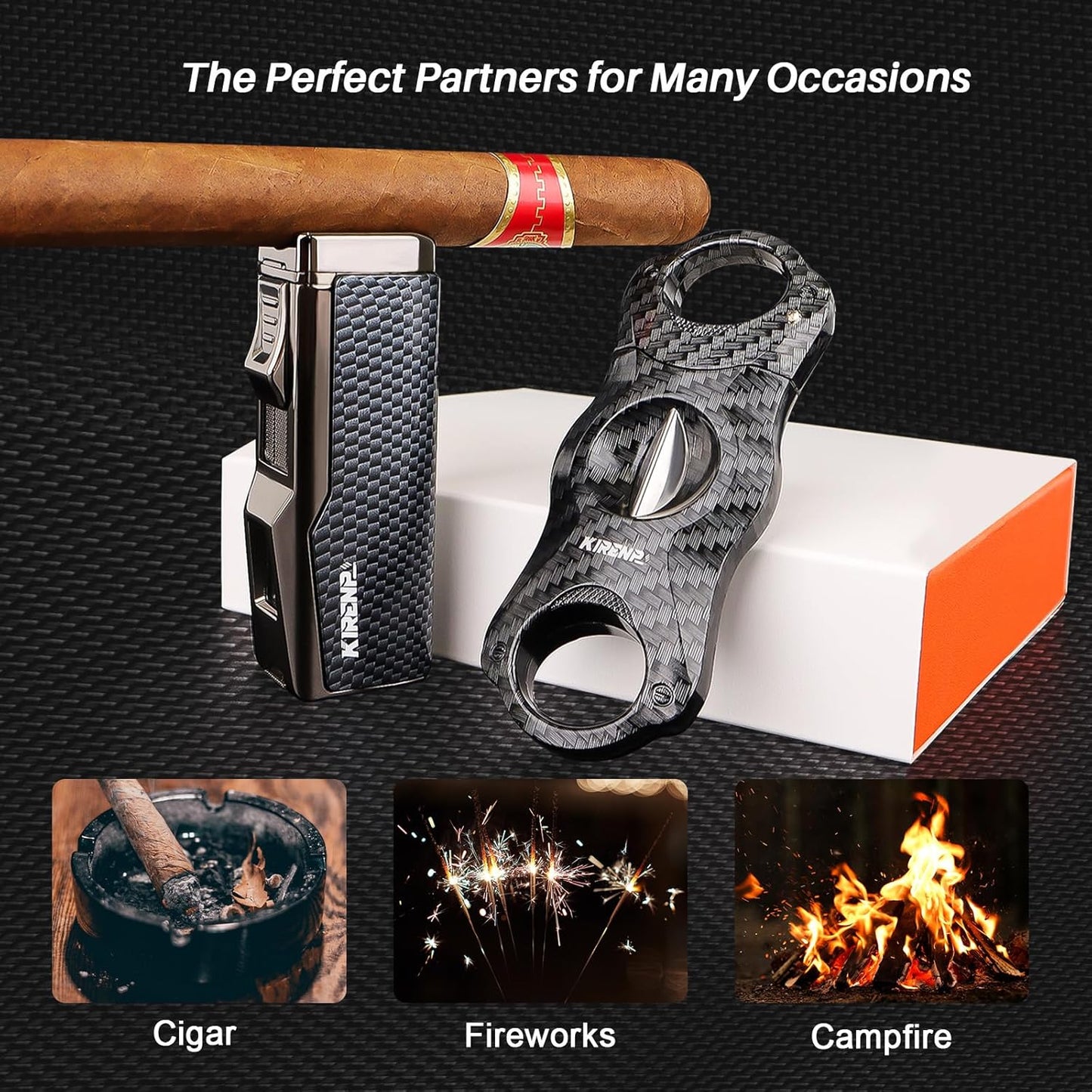 All-in-one Cigar Lighter with V Cigar Cutter, Built-in Cigar Punch, Cigar Holder, Quad Windproof Jet Flame, 4 in 1 Refillable Torch Lighter Set with Gift Box, Cool lighters for Smoking, Birthday