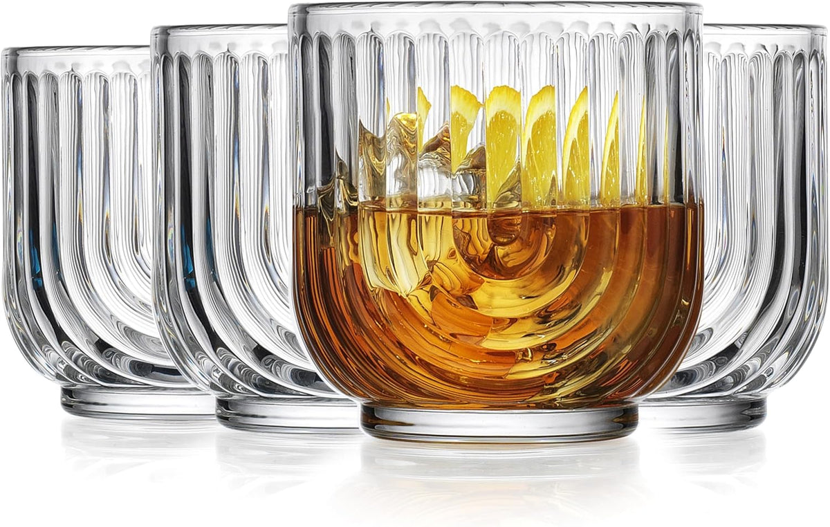 Glaver's Vintage Glassware Art Deco Glasse Ribbed Drinking Glasses U-Shape Arch Design Colored Cocktail Kitchen Tumblers Everyday Dinner Decorative Party (Clear S/4 11oz) - Clear S/4 11oz