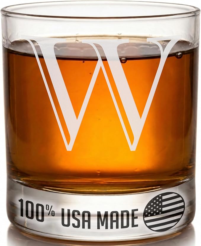 Etched Monogram 11oz Whiskey Rocks Glass (Letter J), A-Z Customized Bourbon Gifts for Men, Father’s Day, Personalized Old Fashioned Scotch Glass, Custom Engraved Gifts for Him, Initial, Name - Clear Etch W