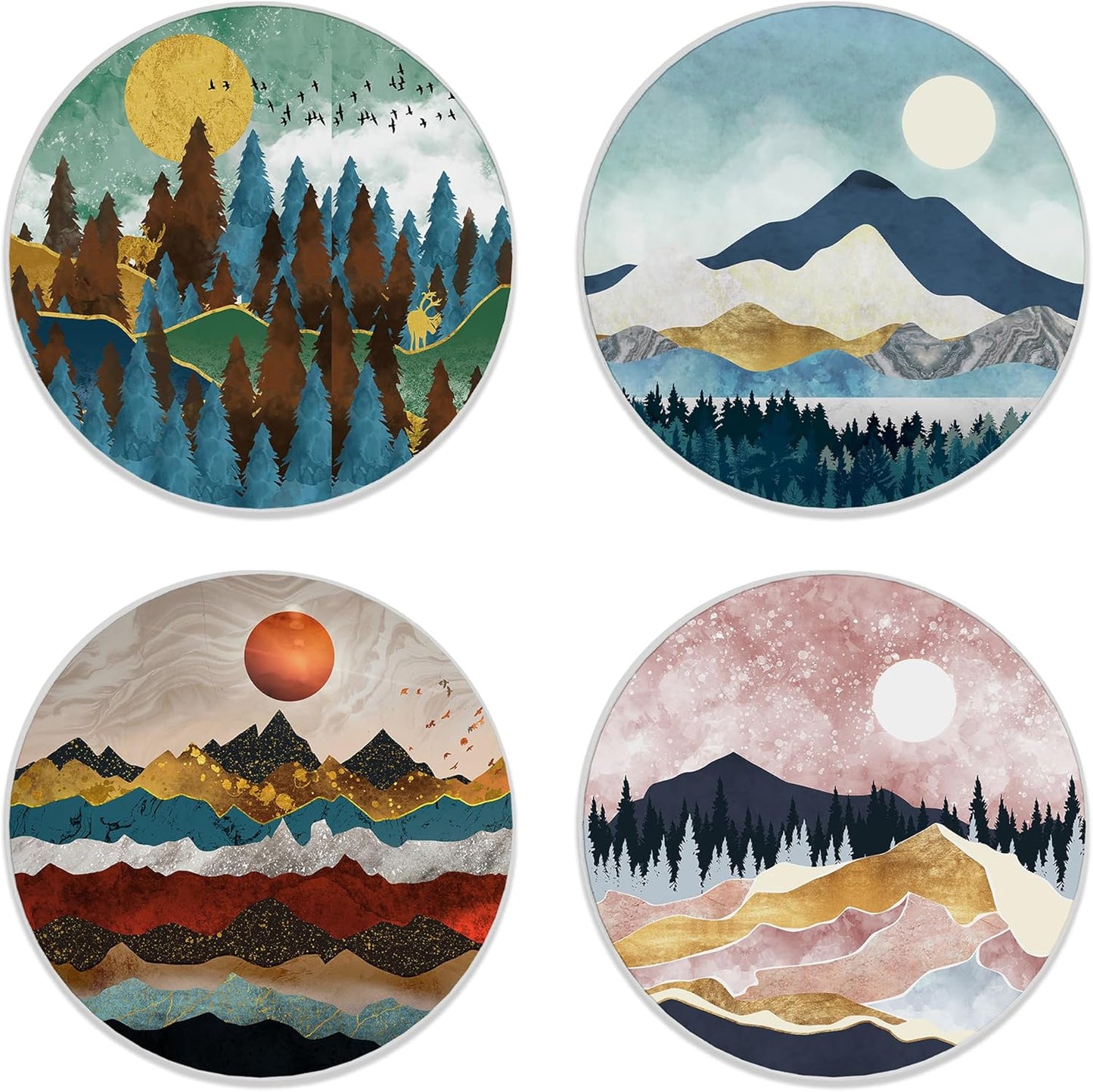 Coasters for Drinks, Set of 4 Absorbent Ceramic with Cork Base, Mountain and Forest Nature Design, Round Shape, Perfect for Coffee Table Protection and Gifts