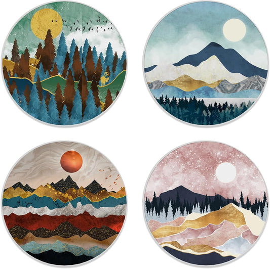 Coasters for Drinks, Set of 4 Absorbent Ceramic with Cork Base, Mountain and Forest Nature Design, Round Shape, Perfect for Coffee Table Protection and Gifts