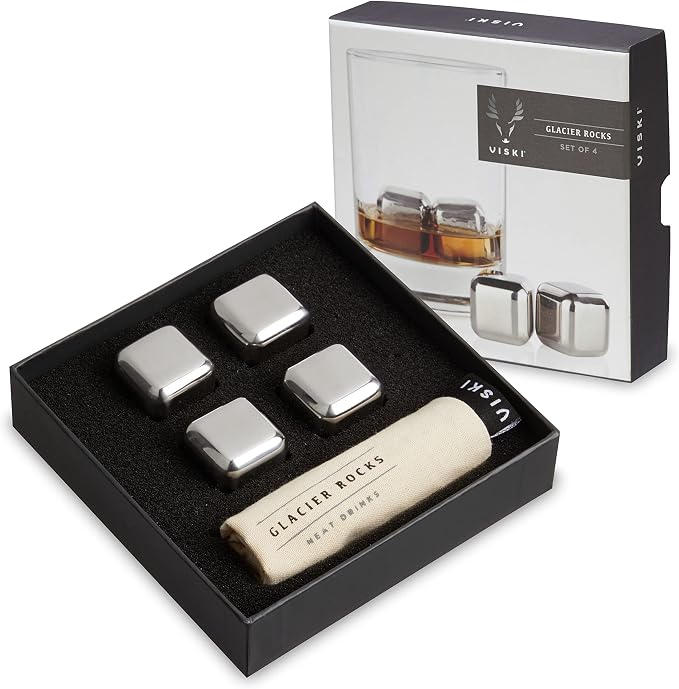 Viski 4358 Glacier Rocks Stainless Steel Ice Cubes Reusable Ice Cubes for Drinks, Whiskey, Bourbon, Scotch, Metal Ice Cubes, Cocktail Accessories Set of 4 Silver - Rocks
