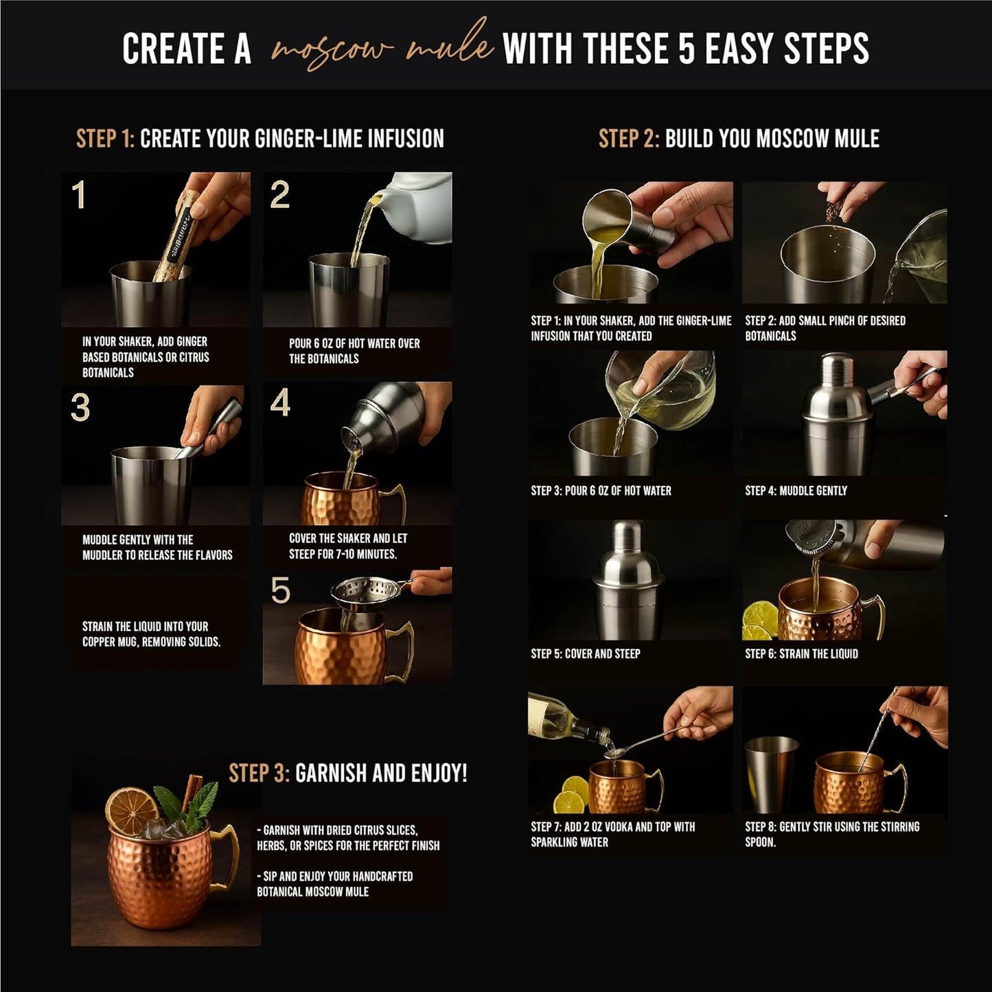 Moscow Mule Kit Gift Set - 2 Copper Mugs - 11 Botanicals - Stainless Steel Shaker & Jigger - Mudder - Recipe Book - Moscow Mule Cocktail Kit - Valentine Gifts for Women - Accessories for Infusion