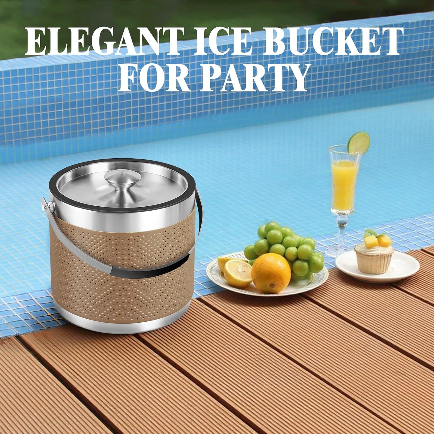 3Quart/3.2L Insulated Ice Bucket with Lid, Scoop, Leather Design Double Wall Stainless Steel Ice Bucket for Cocktail Bar, Parties (Brown)