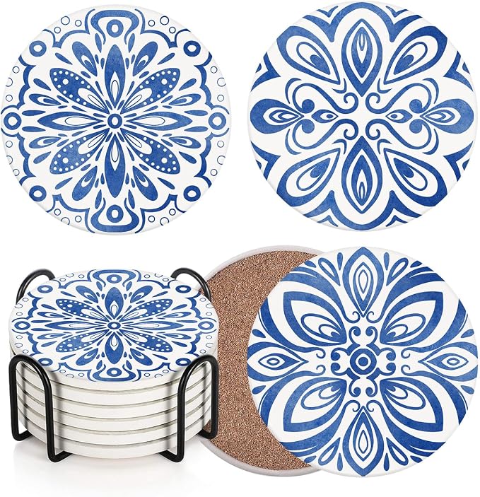 Coasters for Drinks, Set of 6, Ceramic Stone Moroccan Spanish - B0CG99LB4Y