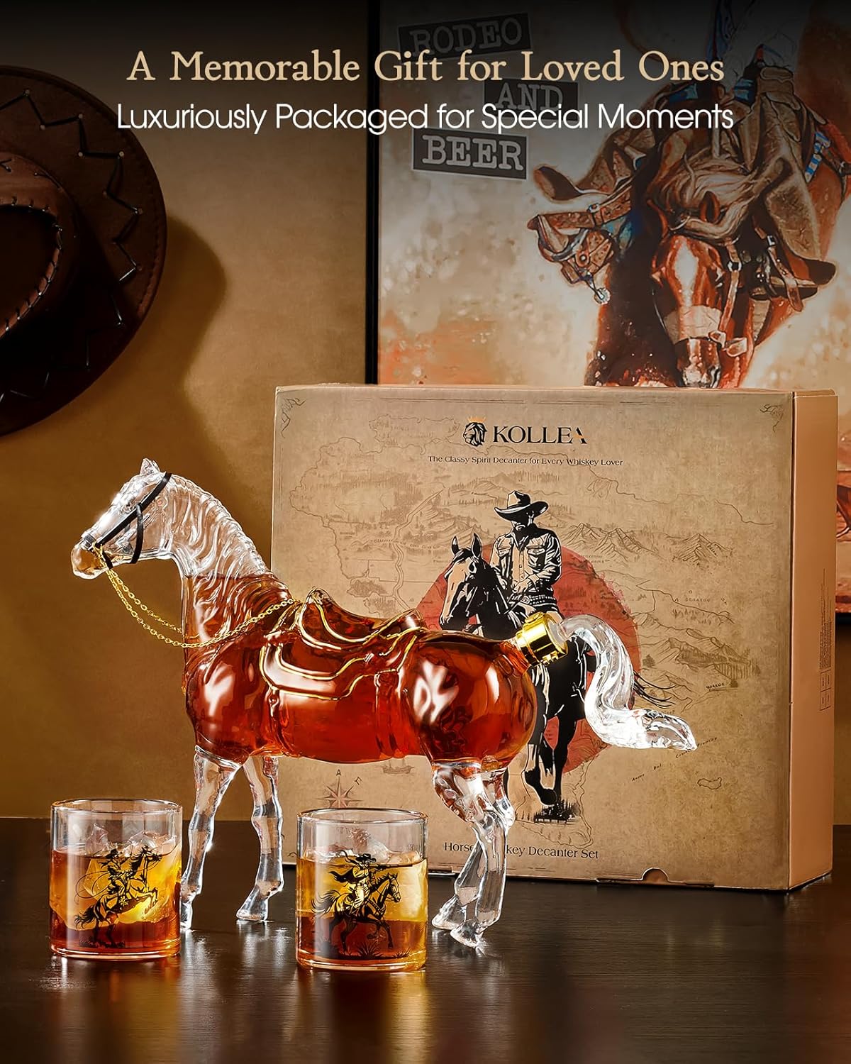 Kollea Birthday Gifts for Men Dad, Horse Whiskey Decanter Set with 2 Cowboy Glasses, Liquor Dispenser for Home Bar, Alcohol Gift for Boyfriend, Husband, Brother, Bourbon Vodka, Anniversary, Christmas