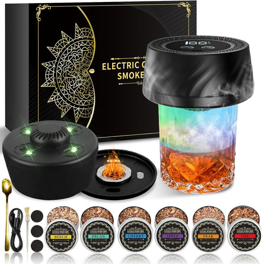 Electric Whiskey Smoker Kit with 6 Wood Chips, Rechargeable Cocktail Smoker Built-in Lighter, Old Fashioned Bourbon Drink Smoker Kit, Fathers Day Birthday Gifts for Men Dad Husband, No Butane Needed