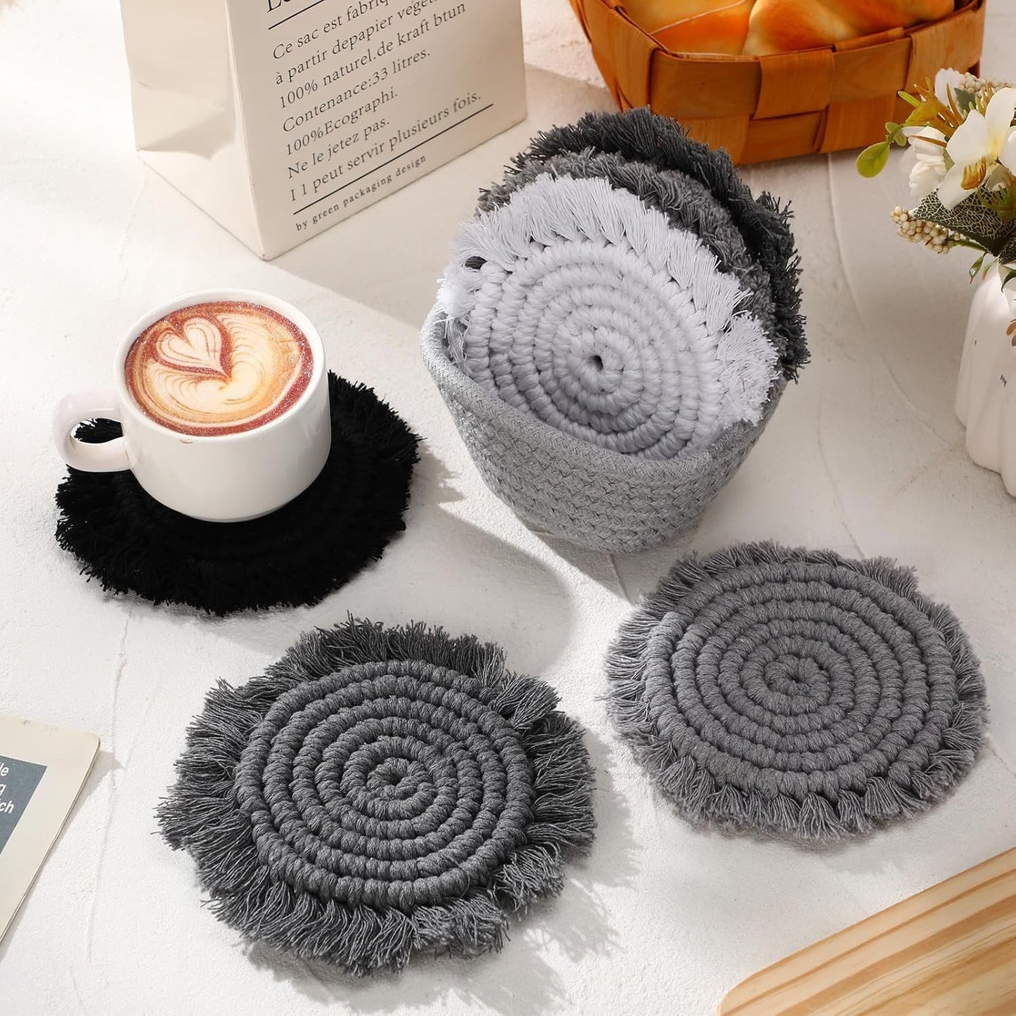 Coasters Set of 6 for Drinks Boho Absorbent Woven Cotton Coaster with Holder Farmhouse Tassel Macrame Cup Mat Housewarming Gift for Coffee Table Home Kitchen Office Decoration, 4 in(Gray)