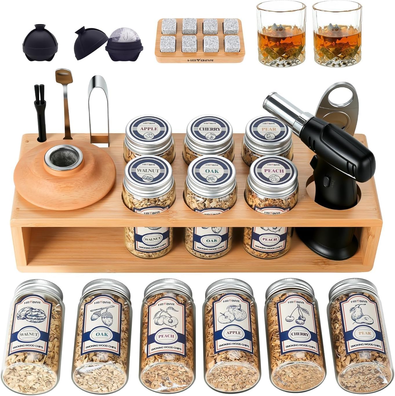 HMYBAR®26pcs Whiskey Smoker Kit with Torch | Cocktail Smoker Infuser Kit | Old Fashioned Drink Smoker Kit | Bourbon Whiskey Gift.Great Gift for Dad, Husband. Bamb Stand Natural Color. (No Butane)