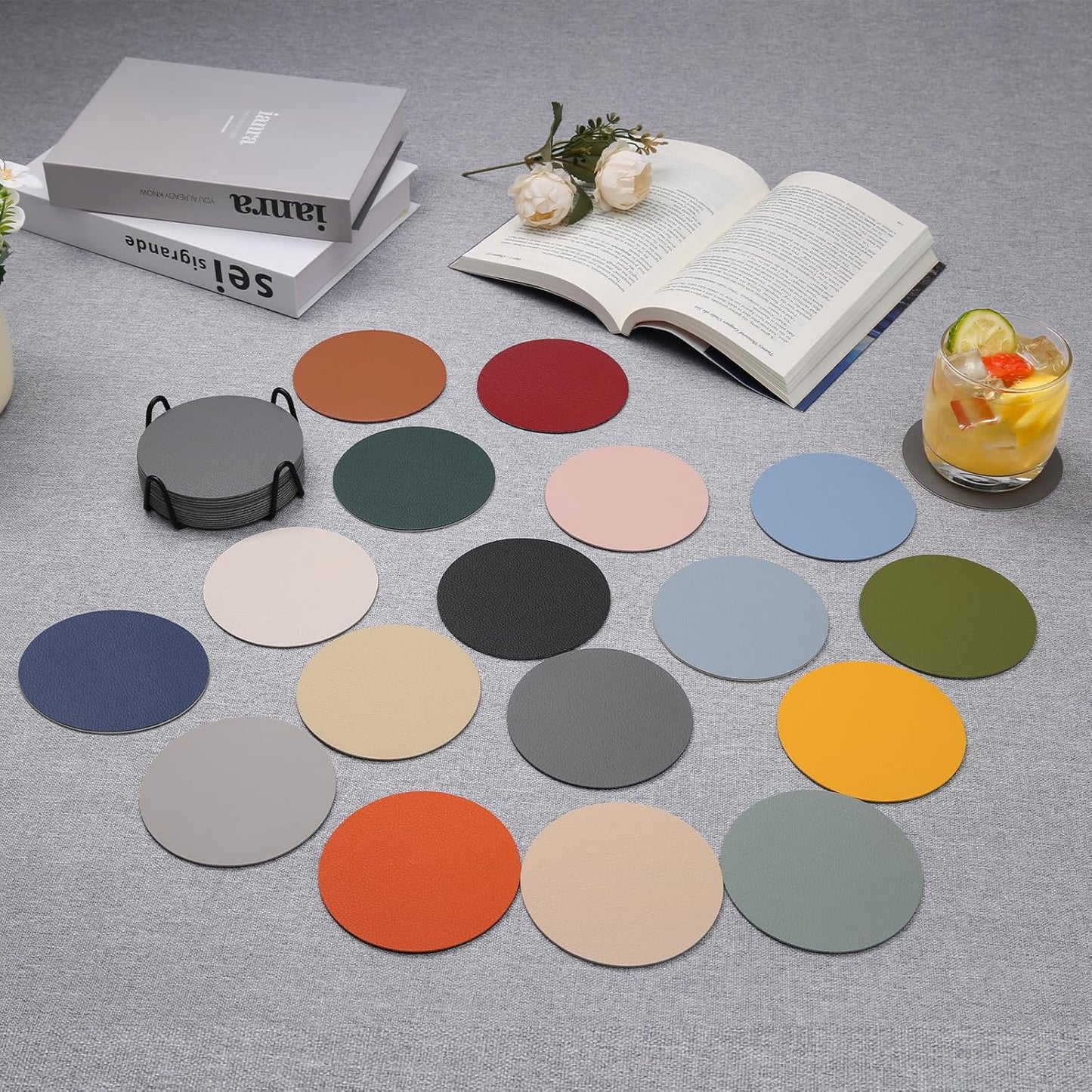 Faux Leather Coasters with Holder, Dual Sided Sets of 12, Non-Slip Washable Coasters for Coffee Tabletop Protection (Gray White)