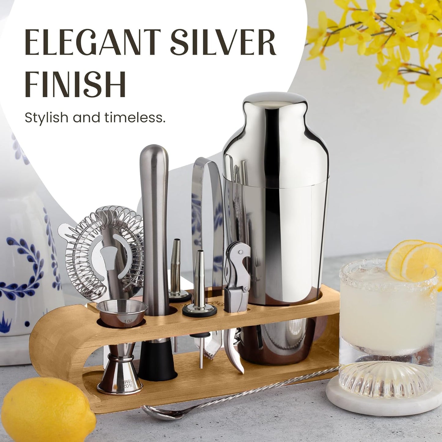 Mixology & Craft Cocktail Shaker Set with Bamboo Stand - Professional 18oz 10-Piece Bartender Kit, Complete Bar Set for Home Use with Jigger, Muddler, Strainer, Spoon, Pourers & Corkscrew (Silver)