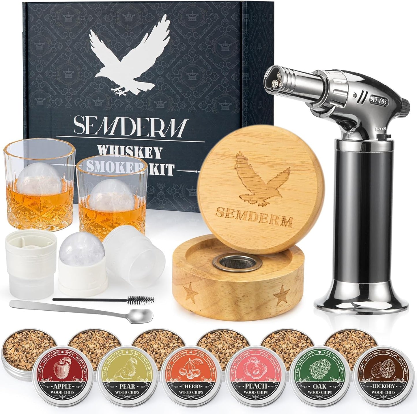 Bourbon Whiskey Smoker Kit with Torch - Old Fashioned Cocktail Smoker Kit with 2 Whiskey Glasses, 6 Wood Chips - Valentines Anniversary Birthday Gifts for Men Dad Husband Boyfriend (No Butane)