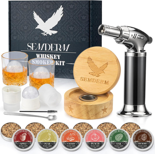 Bourbon Whiskey Smoker Kit with Torch - Old Fashioned Cocktail Smoker Kit with 2 Whiskey Glasses, 6 Wood Chips - Valentines Anniversary Birthday Gifts for Men Dad Husband Boyfriend (No Butane)