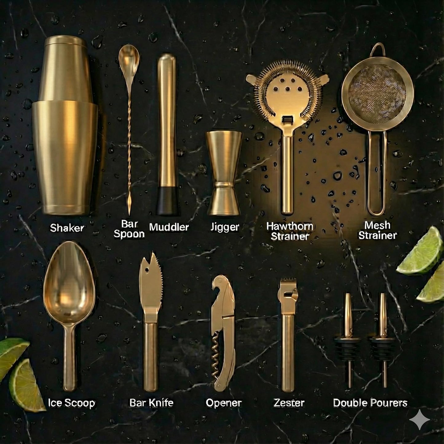 Highball & Chaser Bartender Kit with Black Bamboo Stand Beautiful Cocktail Shaker Set and Bar Tools Stainless Steel Boston Shaker Bartender Kit with Stand (Antique Gold)