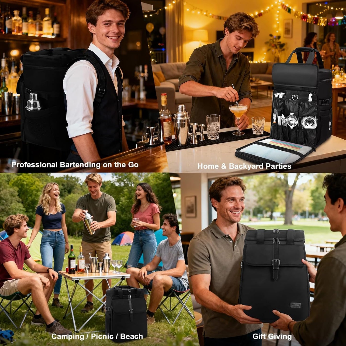 Bartender Bag, Leakproof Travel Bartender Kit Backpack for Carrying Bar Kit, Portable Bar Bag for Cocktail Shaker and 6 Wine Bottle, Professional Mixology Gift for Travel Home Party (Backpack Only)