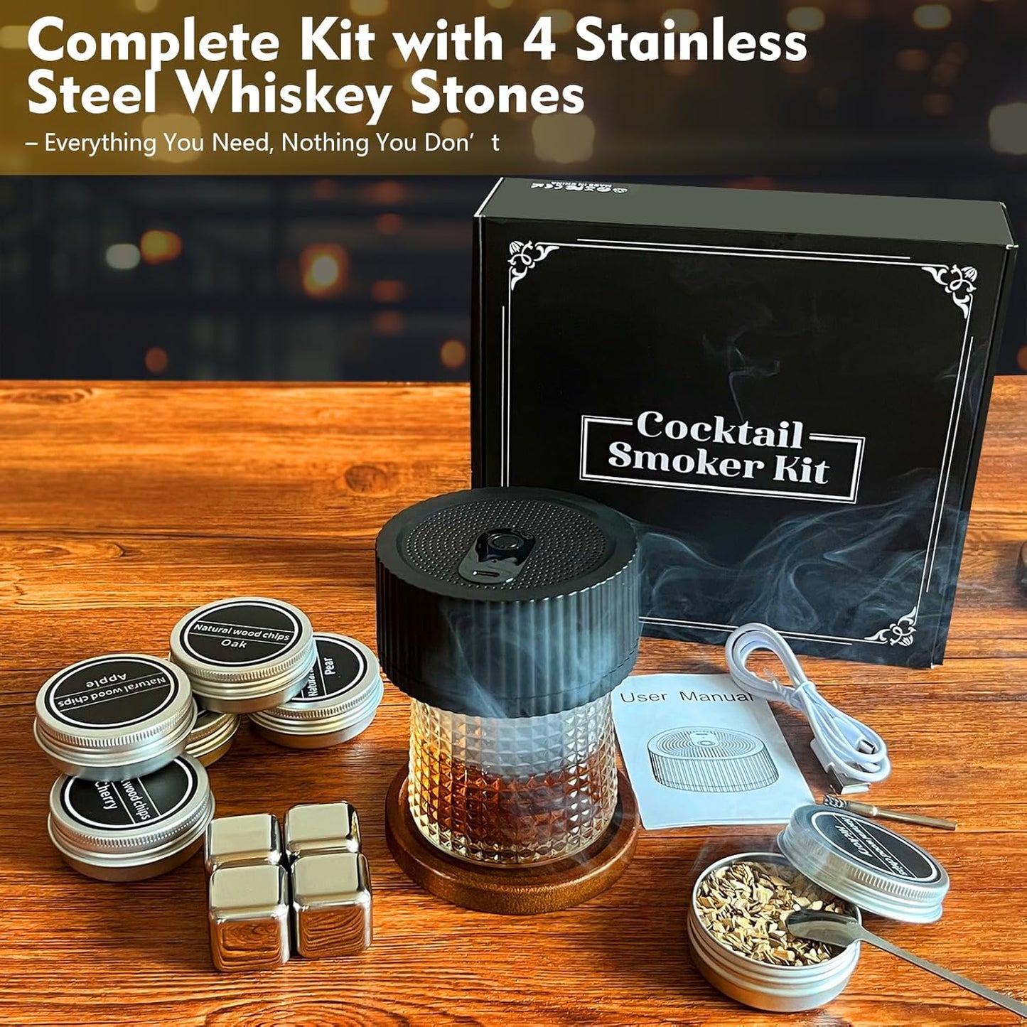 Electric Whiskey Smoker Kit Cocktail Smoker Kit with 6 Wood Chip Flavors Old Fashioned Drink Smoker Kit for Bourbon Whiskey Cocktails Home Bar Accessories Whiskey Gifts for Men Dad Husband
