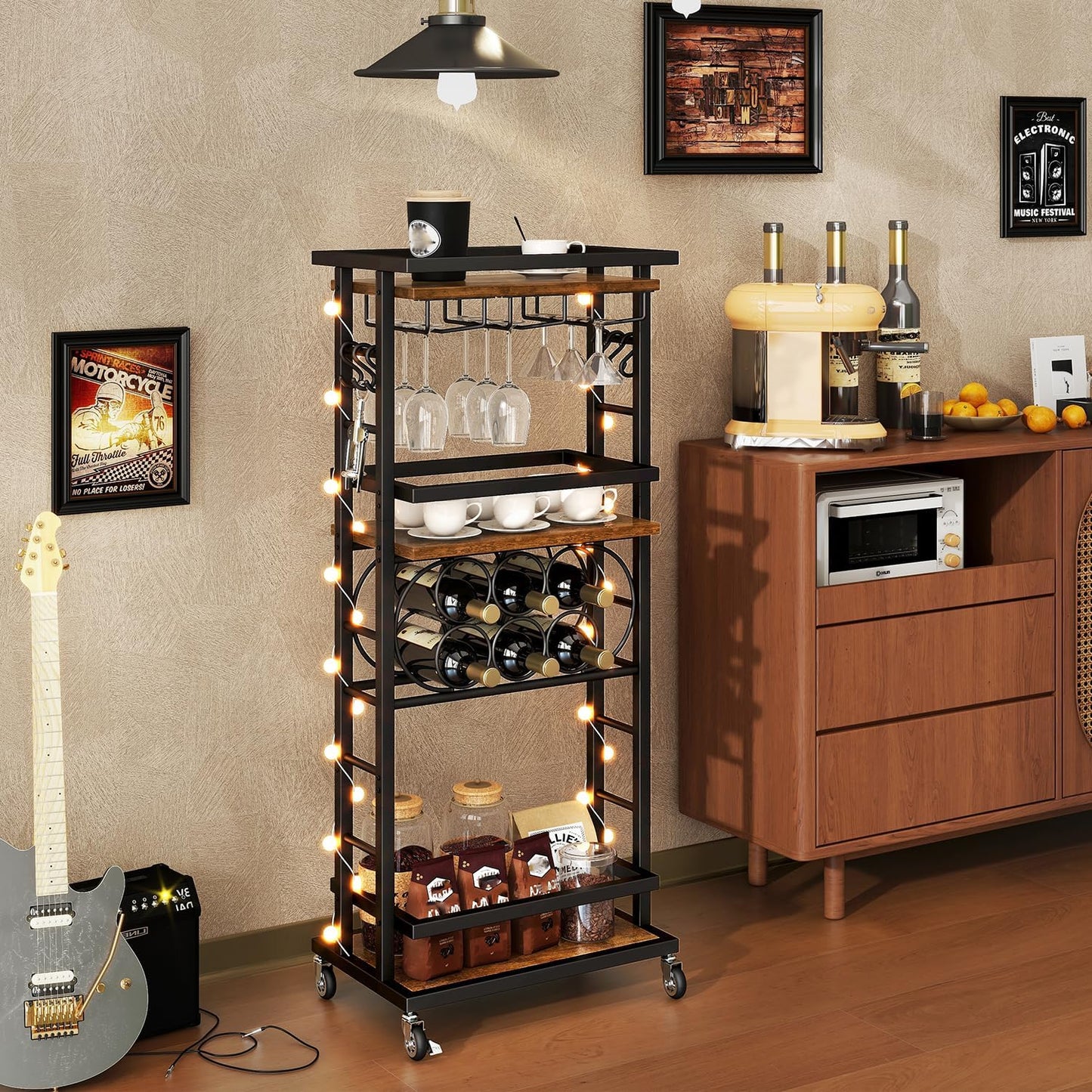IBUYKE 4-Tier Wine Car Cabinet with Wheels,Wine Rack Freestanding Floor, Bar Cart for Liquor Whiskey Wine,Versatile Wine Bottle Display Shelf,Mini Bar for Home Living Room,Rustic Brown UTMJ912H