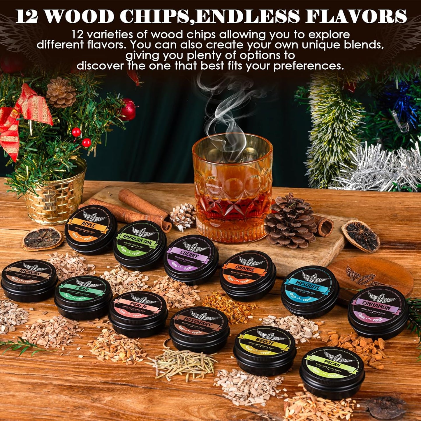 Natural Wood Chips for Cocktail Smoker, 12 Flavors Wood Chips Including Apple,Cherry,Oak,Mesquite,Pecan,Pear,Peach,Hickory,Beech,Organge, Rosemary,Cinnamon, Gifts for Men,Dad,Husband