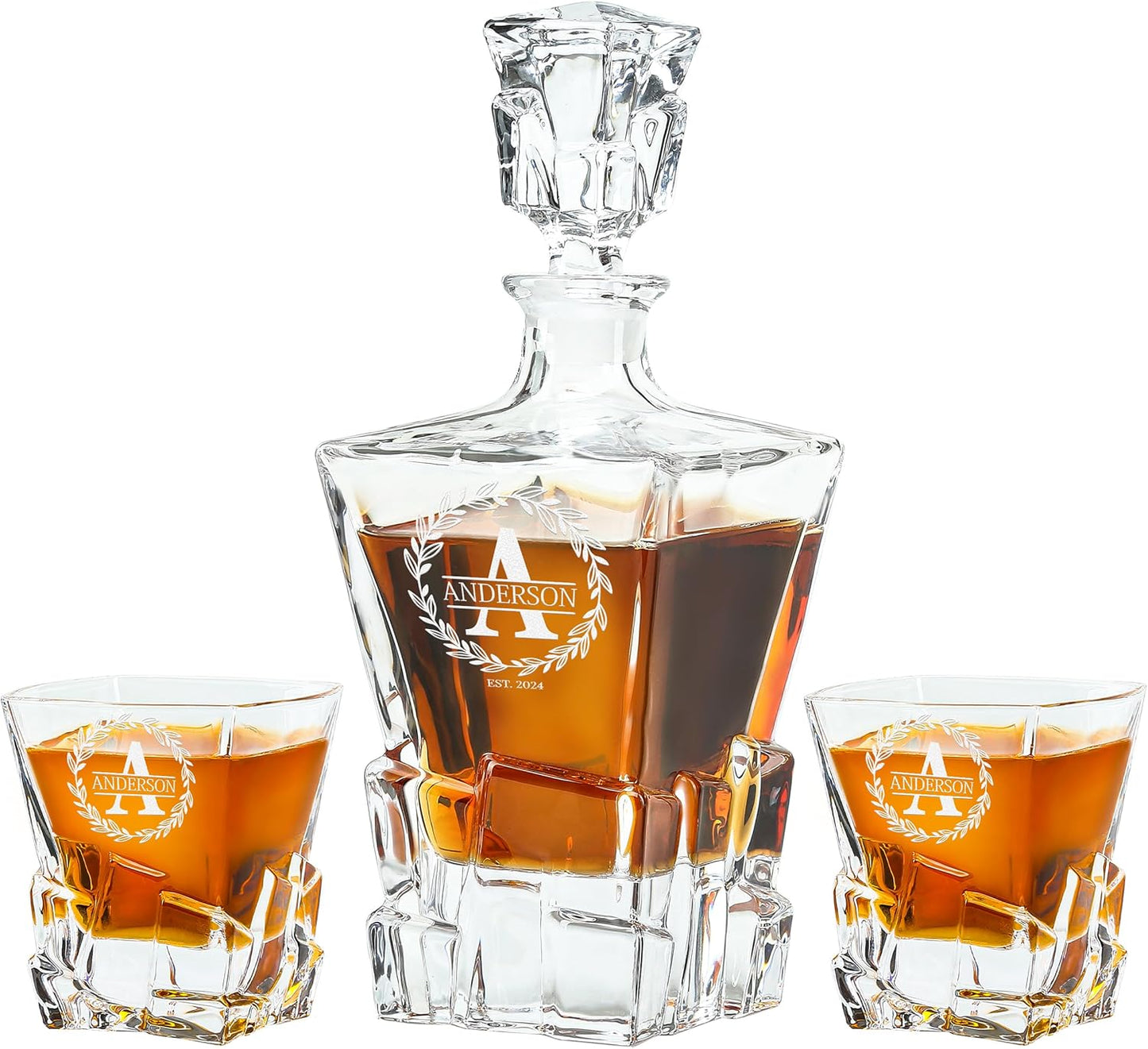Personalized Whiskey Decanter Set with Optional Rocks Glasses – Custom 25 oz / 750ml Bourbon Decanter, 4 Engraving Options, Customized in USA, Valentine's Day, Birthday & Any Occasion Gift for Men