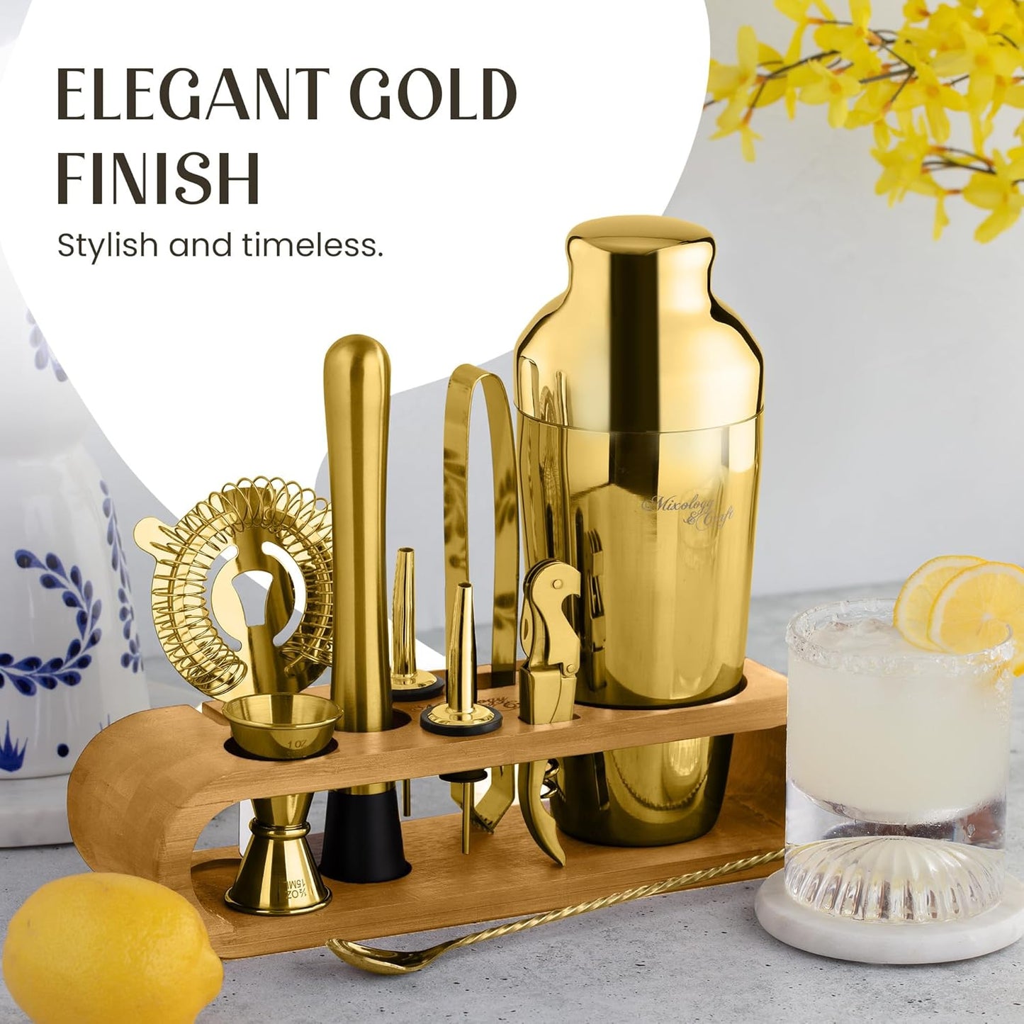 Mixology & Craft Cocktail Shaker Set with Bamboo Stand - Professional 18oz 10-Piece Bartender Kit, Complete Bar Set for Home Use with Jigger, Muddler, Strainer, Spoon, Pourers & Corkscrew (Gold)