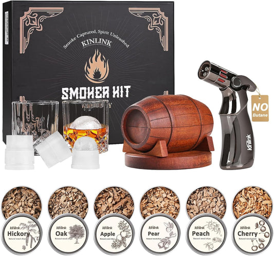 Whiskey Smoker Kit with Torch - No Butane, 6 Flavors Wood Chips, 2 Whiskey Glasses, 2 Round Ice Cube Mold, Old Fashioned Smoker Kit Cocktail Smoker Drink Smoke, Anniversary Birthday Gifts for Men Dad - Whiskey Smoker