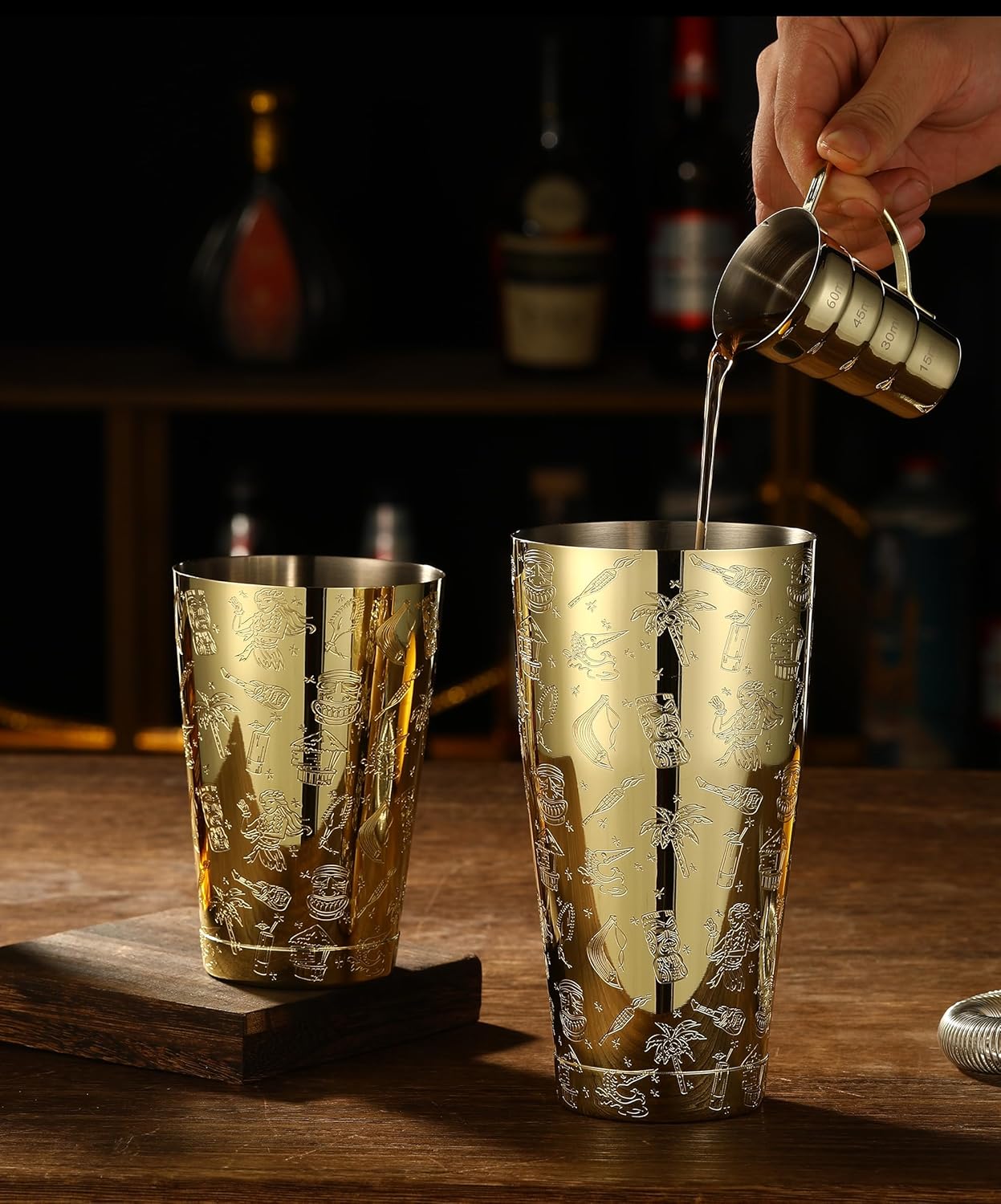 Weighted Boston Shaker Cocktail Shaker Etched with Tiki Imagery (Gold Tiki Graphic)